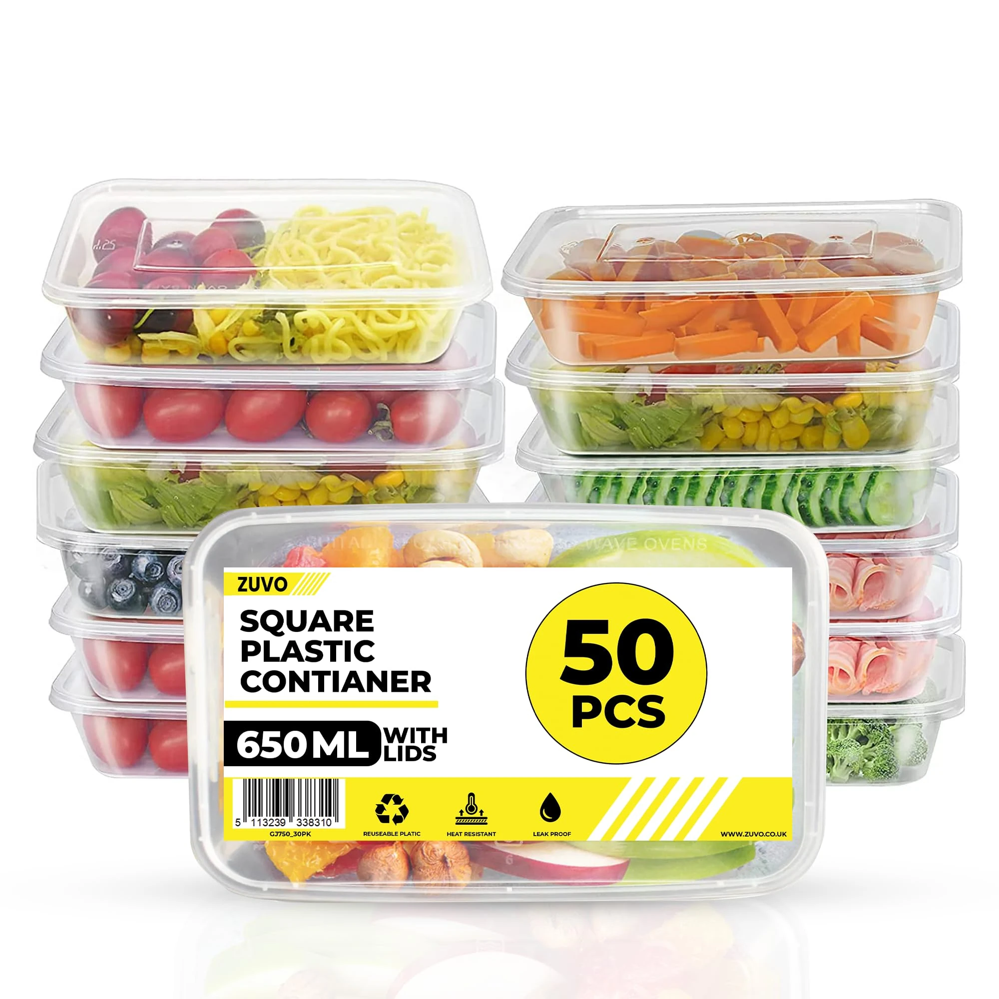Zuvo Plastic Food Containers 650 ml - Pack of 50 Reusable Food Containers - Perfect Clear Plastic Food Storage Containers - Microwave and Freezer Safe, Recyclable