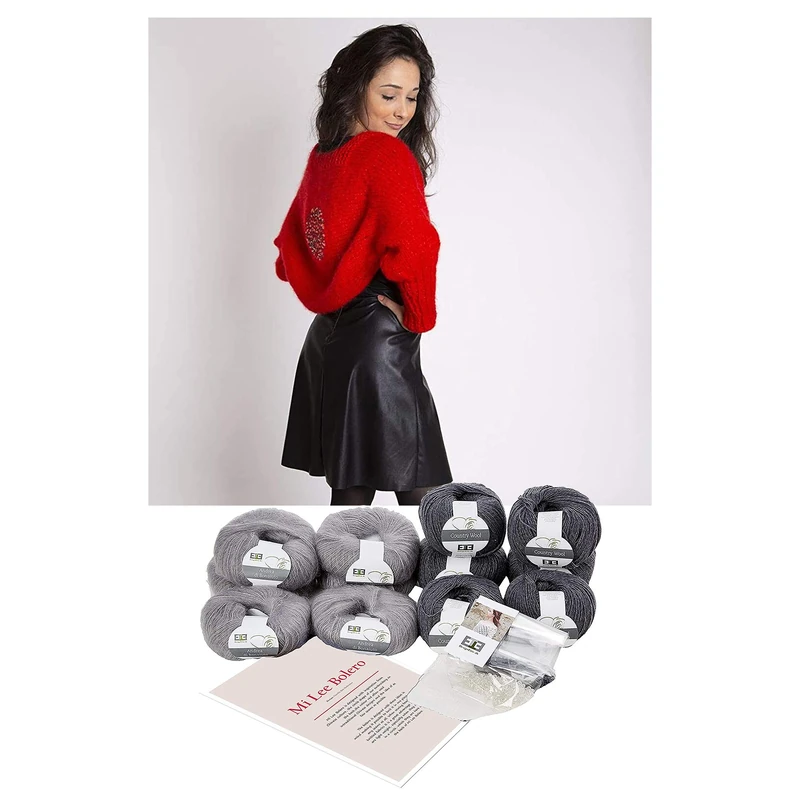 DesignEtte Jumper Mi Lee Bolero Beginner Kit Wool and Super Kid Mohair/Silk Blend Knitting Set Yarn Balls and Pattern Starter Box Adult Handcraft 4ply, Grey, M/L