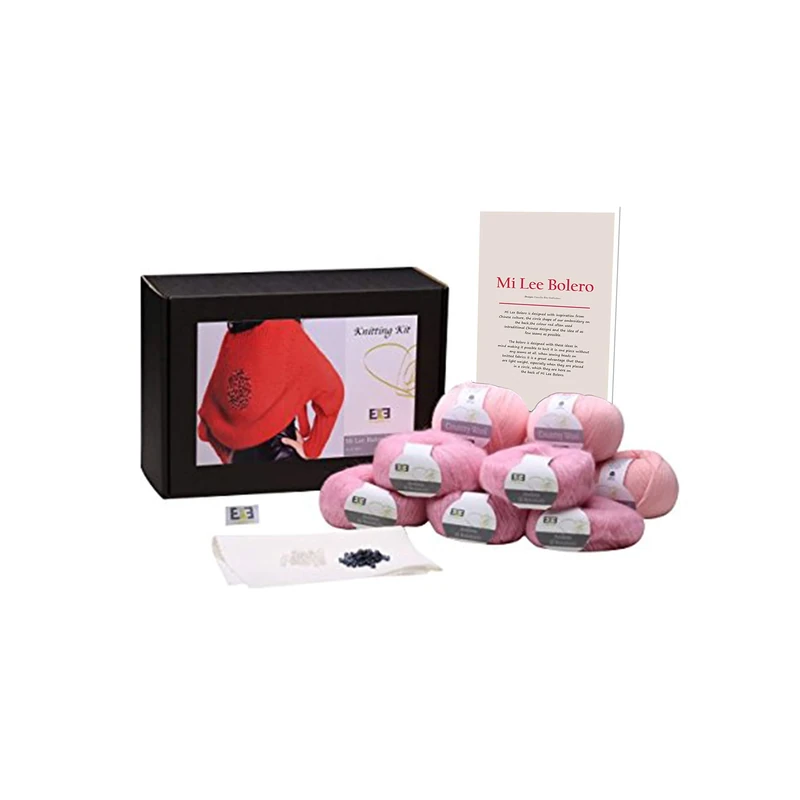 DesignEtte Jumper Mi Lee Bolero Beginner Kit Wool and Super Kid Mohair/Silk Blend Knitting Set Yarn Balls and Pattern Starter Box Adult Handcraft 4ply, Pink, XL/2XL/3XL