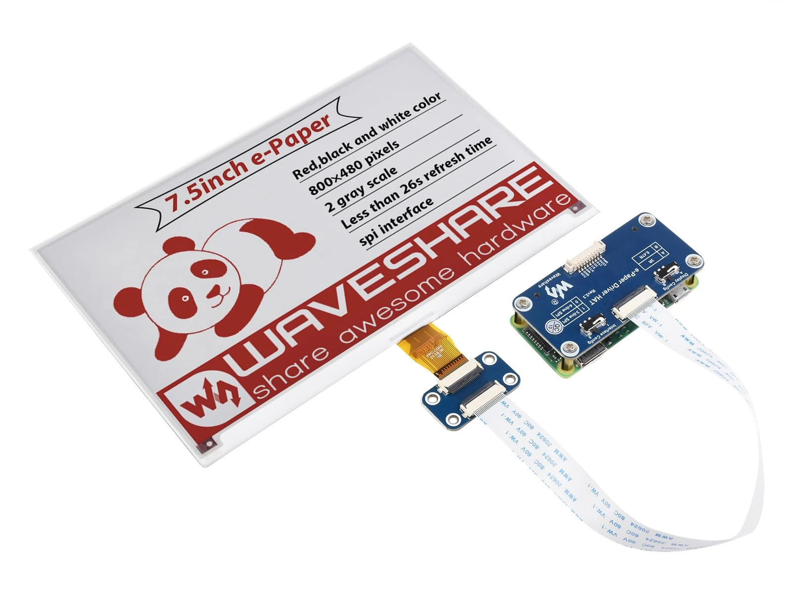 Waveshare 7.5 Inch E-Paper Display Hat(B) Module 800×480 Resolution 3.3v E-Ink Electronic Screen with Embedded Controller SPI Interface Red Black White Three-Color for Raspberry Pi 2B 3B Jetson Nano