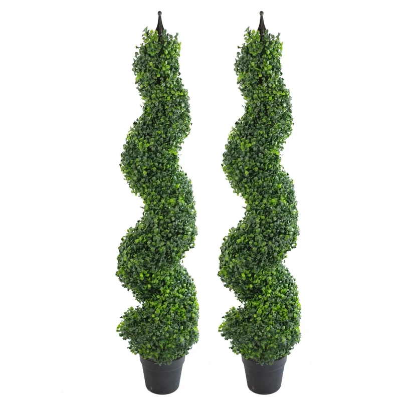 Pair of Large Green Boxwood Spiral Artificial Plant Tree with Black Pot by LEAF