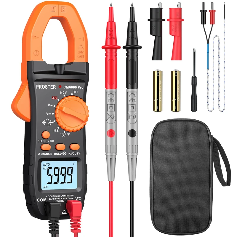 Proster Clamp Meter - TRMS 6000 Counts 800A DC/AC Current 600V DC/AC Voltage NCV Continuity Capacitance Resistance Frequency Diode Hz Test Auto Range Backlit Flashlight with Storage Bag