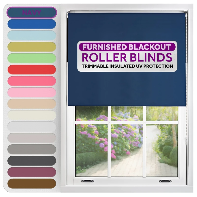 FURNISHED Roller Blinds Thermal Blackout Roller Blind - Trimmable Insulated UV Protection Child Safe Easy Fit Home Office Window Blinds, Navy Blue, 210W x 210H cm