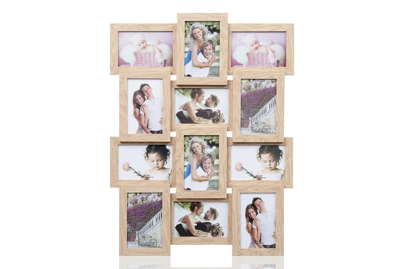 ARPAN Multi Aperture Picture Wooden Photo Frame Holds 12 x 6 x4 Photos, Collage Picture Wall-Mounted Frame (Natural)