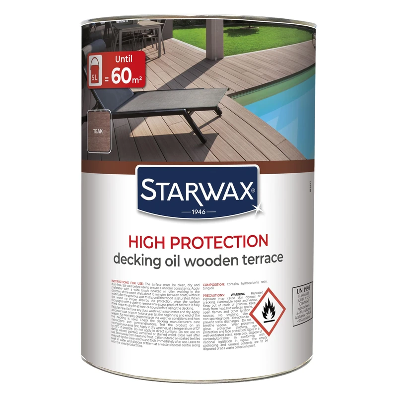 STARWAX - High-Protection Saturator for Wooden Decking - Nourishes, Enhances and Protects - Stain and Grease Resistant - Enriched in Tung Oil - Withstands UV Rays and Water - 5L