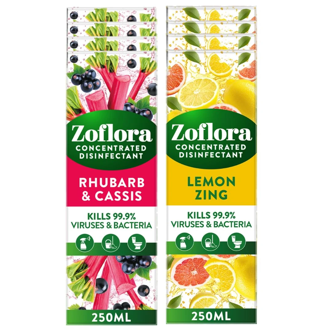 Zoflora Mixed Pack Concentrated Disinfectant Liquids, 8 x 250ml Pack, Includes Lemon Zing & Rhubarb & Cassis, Antibacterial Multi-Surface Cleaners, Kills 99.9% of Germs