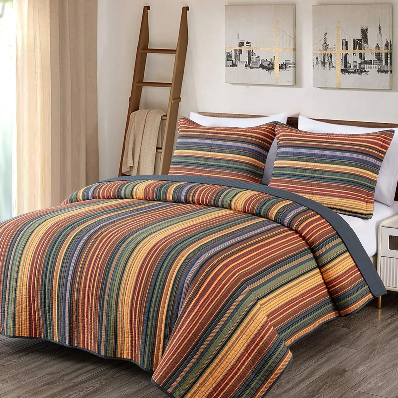 Chezmoi Collection Avery 2-Piece Multi-Color Striped 100% Washed Cotton Quilt Set Twin Size