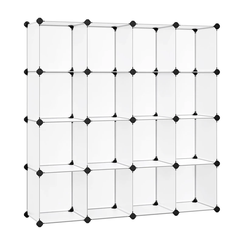 SONGMICS Cube Storage Organizer, Set of 16 Plastic Cubes, Book Shelf, Closet Organizers and Storage, Room Organization, Bedroom Living Room, 12.2 x 48.4 x 48.4 Inches, White ULPC44L