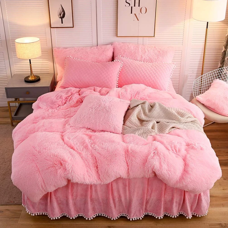 LIFEREVO Luxury Plush Shaggy Duvet Cover Set, Ultra Soft Velvet Fluffy Furry Duvet Cover Set(1 Faux Fur Fuzzy Comforter Cover + 2 Pom Poms Pillow Cases) Solid Bedding Set, Zipper Closure(King, Pink)