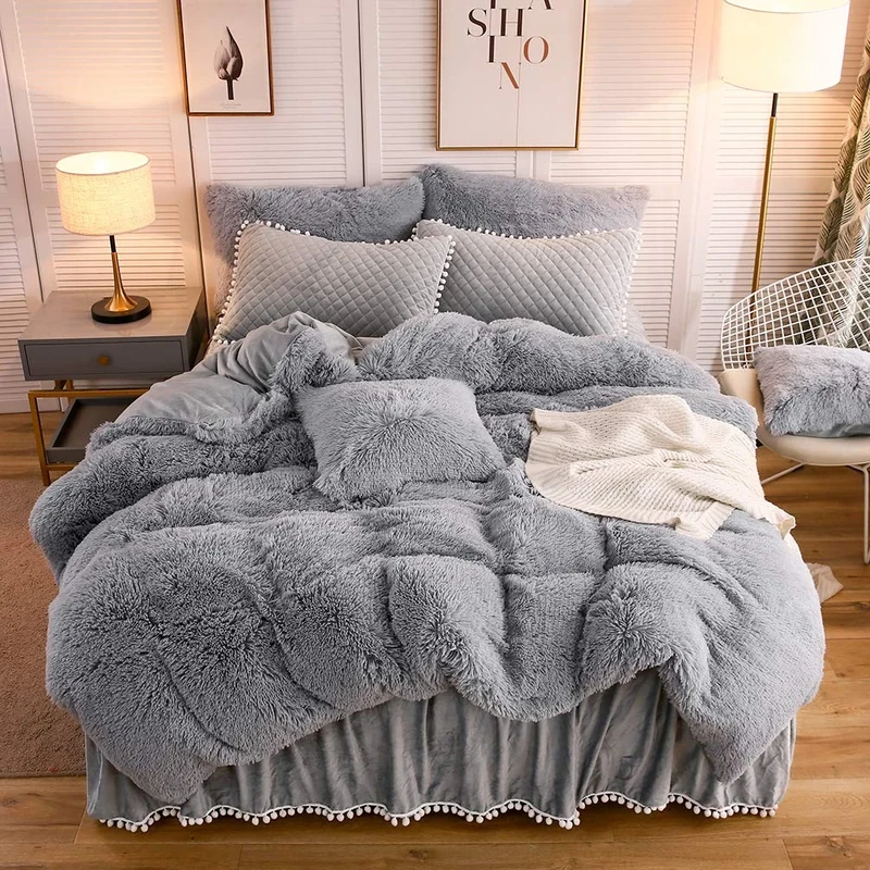 LIFEREVO Luxury Plush Shaggy Duvet Cover Set, Soft Velvet Fluffy Furry Duvet Cover Set(1 Faux Fur Fuzzy Comforter Cover + 2 Pom Poms Pillowcases) Solid Bedding Set, Zipper Closure(Full/Queen, Gray)
