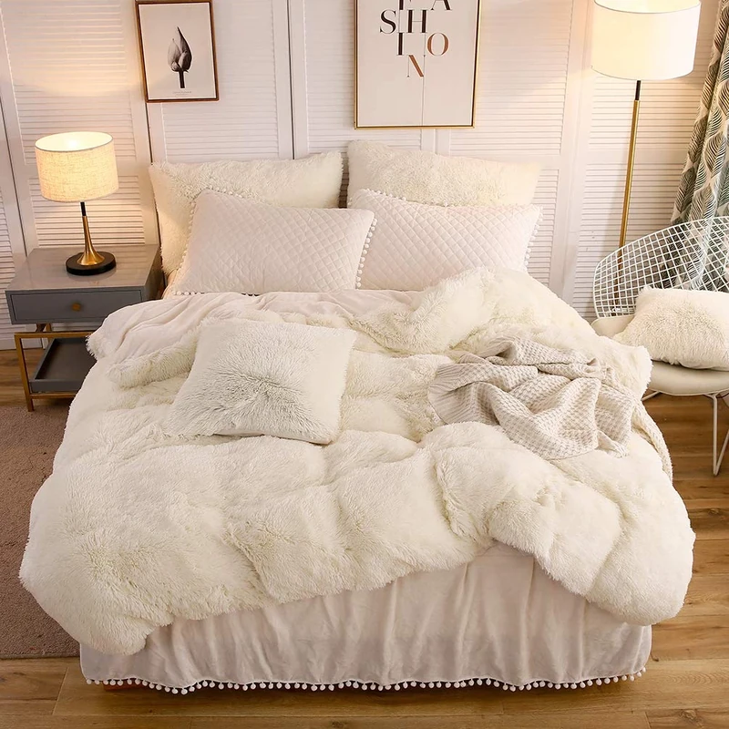 LIFEREVO Luxury Plush Shaggy Duvet Cover Set, Soft Velvet Fluffy Furry Duvet Cover Set(1 Ivory Faux Fur Fuzzy Comforter Cover+2 Pompoms Pillowcases)Solid Bedding Set, Zipper Closure(King, Light Beige)