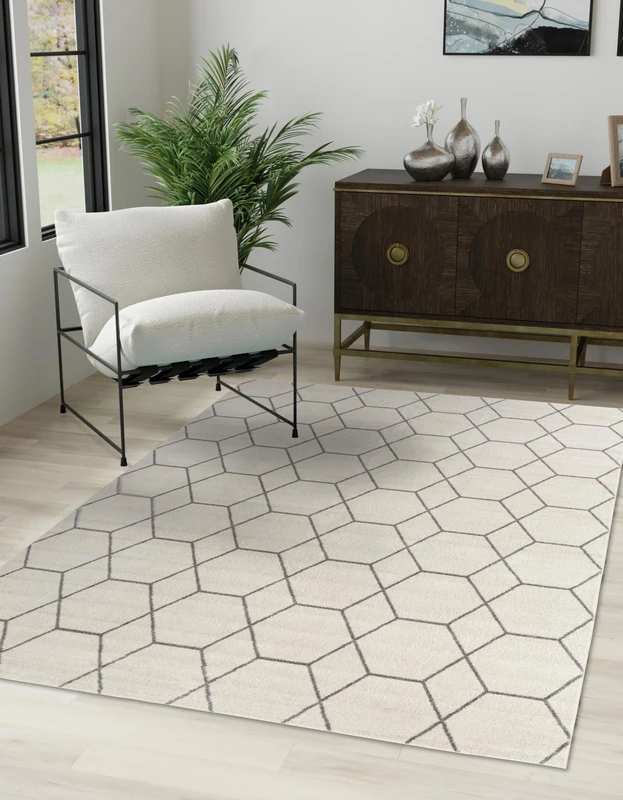 Unique Loom Trellis Frieze Collection Area Rug- Modern Morroccan Inspired Geometric Lattice Design (5' 0 x 8' 0 Rectangular, Ivory/Gray)