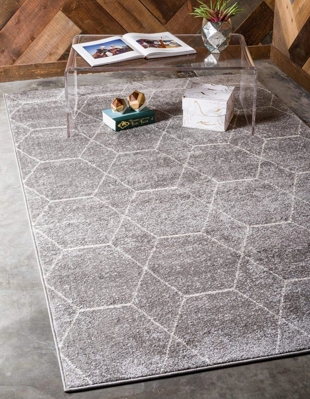 Unique Loom Trellis Frieze Collection Area Rug- Modern Morroccan Inspired Geometric Lattice Design (5' 0 x 8' 0 Rectangular, Light Gray/Ivory) - Image 1