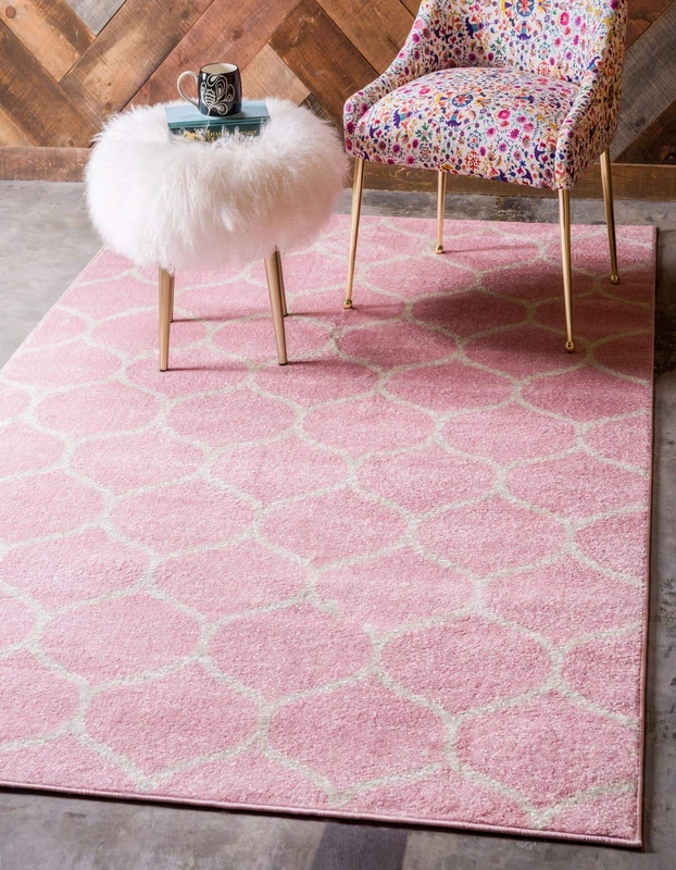 Unique Loom Trellis Frieze Collection Area Rug- Modern Morroccan Inspired Geometric Lattice Design (5' 0 x 8' 0 Rectangular, Pink/Ivory) - Image 1