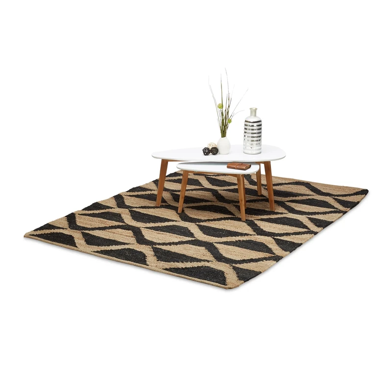 Relaxdays Jute Rug, Hallway Runner, 160 x 230 cm, Natural Fibres, Large Handwoven, Durable, Checkered, Black