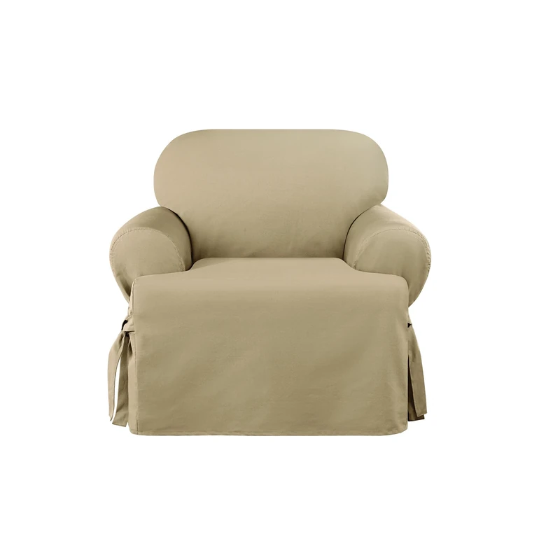 Surefit Heavy Weight Cotton Canvas 1 Piece T Cushion Chair Slipcover in Khaki