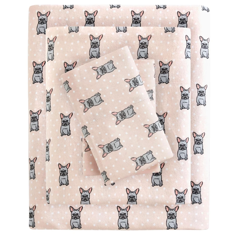 SLEEP PHILOSOPHY True North Cozy Flannel 100% Cotton Ultra Soft Cold Weather Sheet Set Bedding, Full, Pink French Bulldog 4 Piece