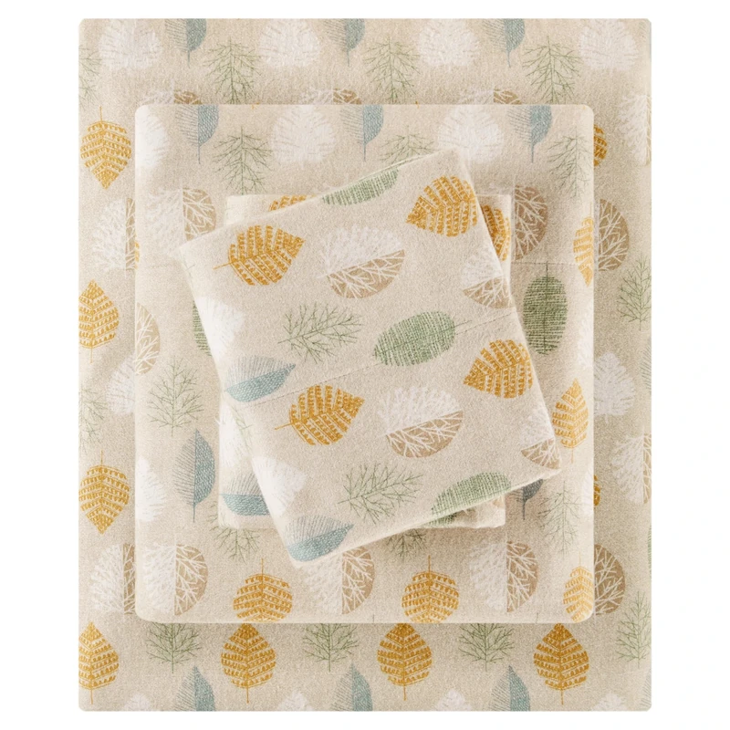 SLEEP PHILOSOPHY True North by Cozy Flannel 100% Cotton Ultra Soft Cold Weather Sheet Set Bedding, Full, Multi Leaves 4 Piece