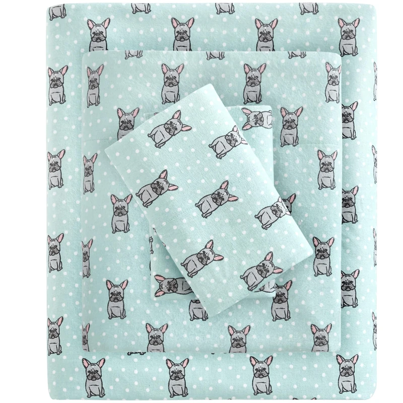 SLEEP PHILOSOPHY True North by Cozy Flannel 100% Cotton Ultra Soft Cold Weather Sheet Set Bedding, Full, Aqua French Bulldog 4 Piece