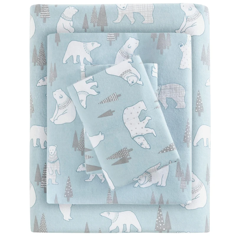 SLEEP PHILOSOPHY True North Cozy Flannel 100% Cotton Ultra Soft Cold Weather Sheet Set Bedding, Full, Blue Polar Bears 4 Piece