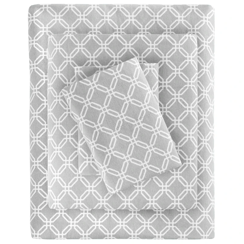 Sleep Philosophy True North Cozy Flannel 100% Cotton Ultra Soft Cold Weather Sheet Set Bedding, Full, Grey Geo 4 Piece
