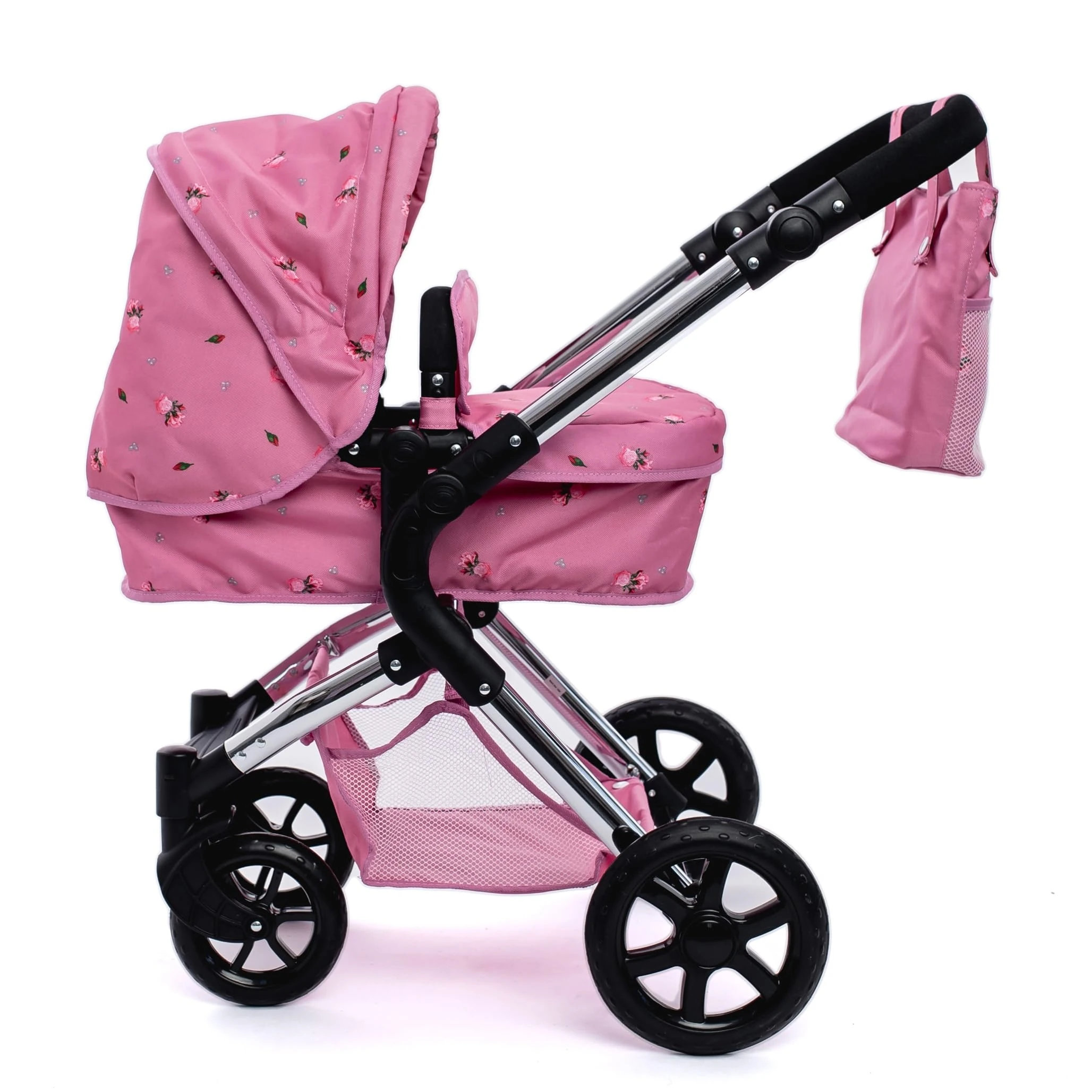 Roma Darcie Dolls Pram -Pink 2in1 with Carrycot and Dolls Pushchair Seat Unit, Adjustable Handle Height, Includes Changing Bag, Shopping Basket, Foldable, Pretty Flower Design, Suitable from 3-9 Years