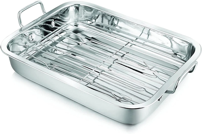 Penguin Home Premium Stainless Steel Roasting Pan with Rack - Compatible with All Hob Types Except Induction - Sturdy & Heavy-Duty - Removable Grill, Roasting Tin with Handles - Large 37 x 28cm
