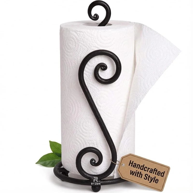 Fancy Paper Towel Holder Stand | Black Stylish Wrought Iron | Classic Decorative Countertop Authentic Rod Metal Hand Forged Stand Up Holder | Handmade Crafted by RTZEN-Décor