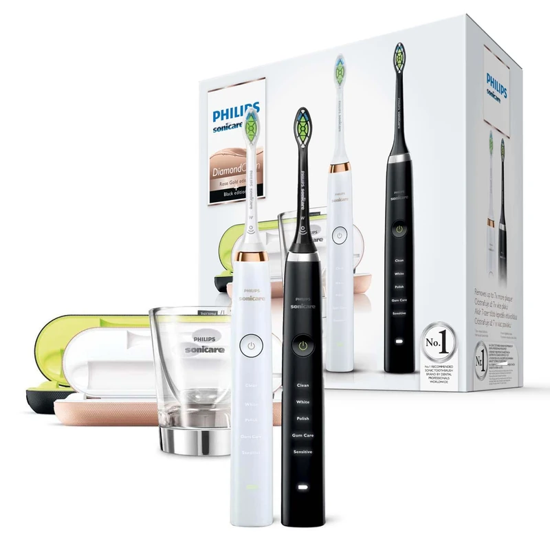 Philips Sonicare DiamondClean Electric Toothbrush Dual Handle Pack, with USB Charging Travel Case & Charging Glass- Black & Rose Gold (UK 2-Pin Bathroom Plug) - HX9392/39
