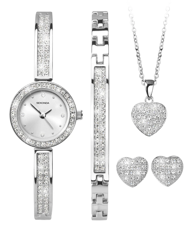 Sekonda Womens Gift Set 22mm Analogue Classic Quartz Watch with Silver Strap Bracelet Necklace and Earings 2528G