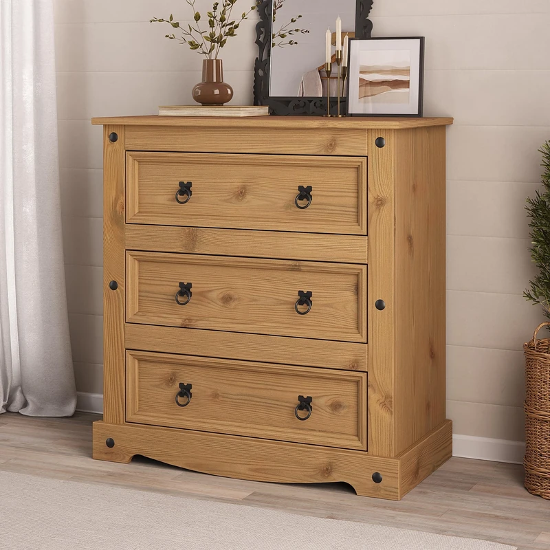 Mews Corona 3 Drawer Chest of Drawers, Mexican Solid Pine Wood