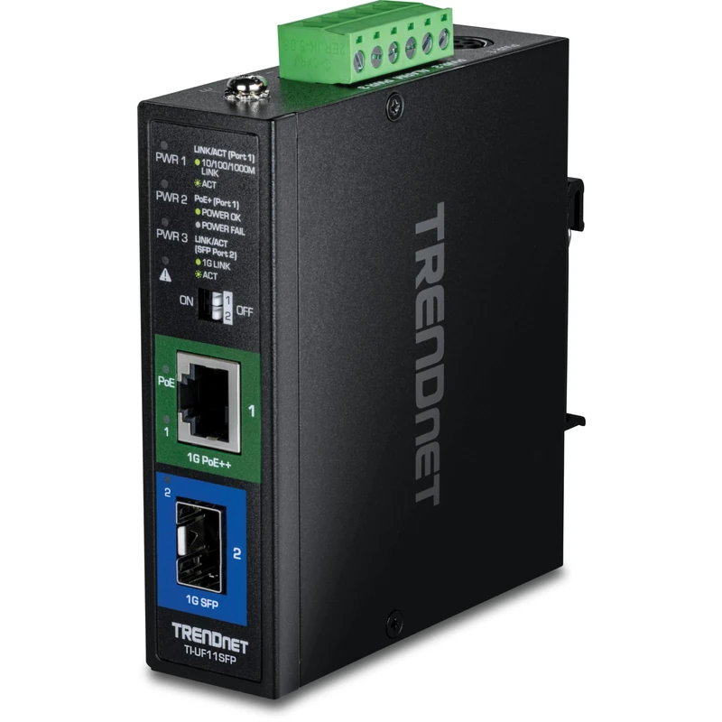 TRENDnet Hardened Industrial SFP to Gigabit UPoE Media Converter, IP30 Rated Housing, Includes DIN-rail & Wall Mounts, Operating Temp. -40 to 75 °C (-40 to 167 °F), TI-UF11SFP