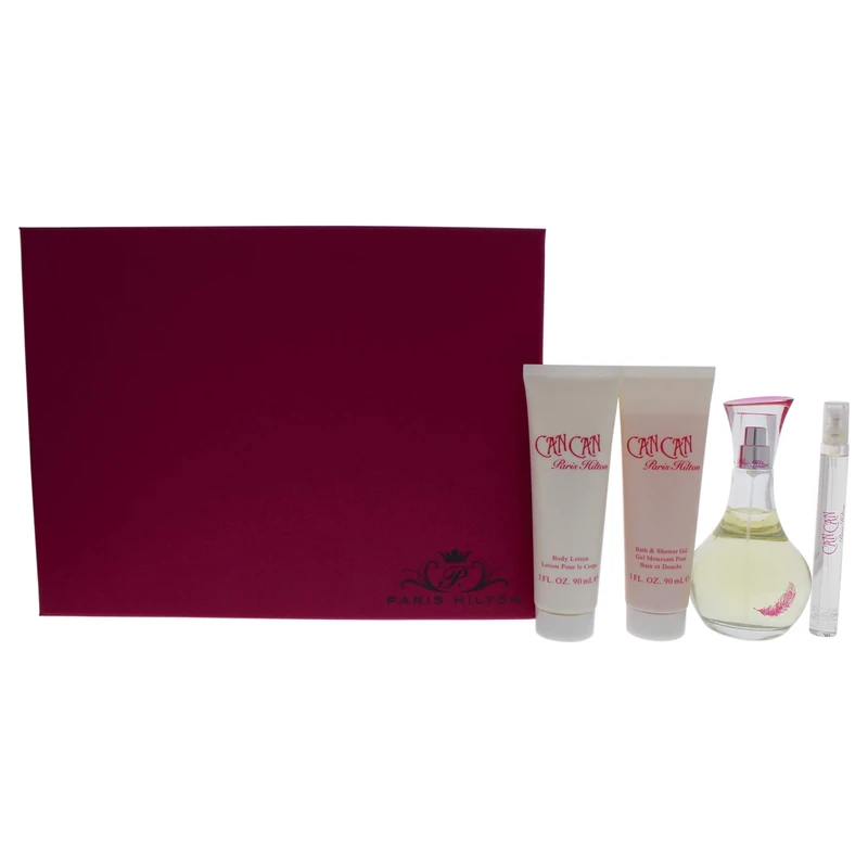 Paris Hilton Can Can For Women 4 Pc Gift Set 3.4oz EDP Spray, 0.34oz EDP Spray, 3oz Body Lotion, 3oz Bath and Shower Gel