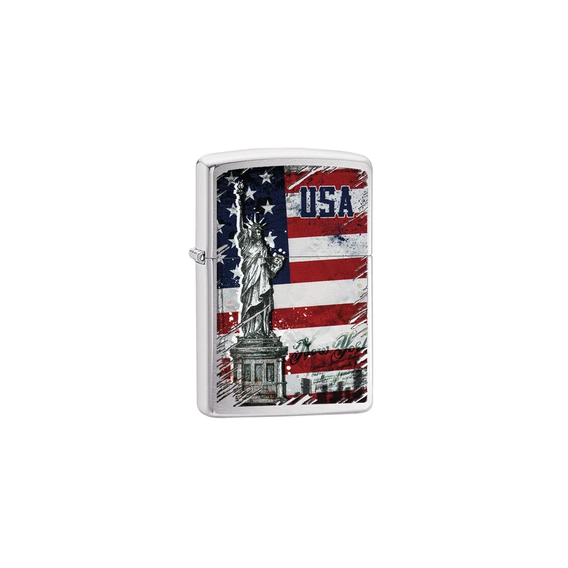 Zippo Windproof Lighter - Statue of Liberty Flag - Brushed Chrome with Colour Image - Refillable - Reusable - Windproof Design - Gift Box - Metal - Made in USA - Image 1