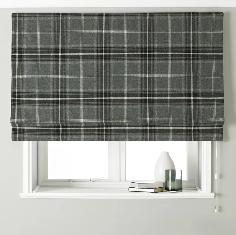Aviemore Blackout Roman Blind - Grey - Heritage Tartan Check - Faux Wool Effect - Ready Made (Fittings Included) - 100% Polyester - 153cm width x 137cm drop (60" x 54" inches) - Made by Riva