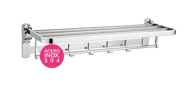 Kibath 322994 Perchero 4 abatible 50cm Stainless Steel Folding Towel 4 Hangers and 5 Rails, chrome, 1