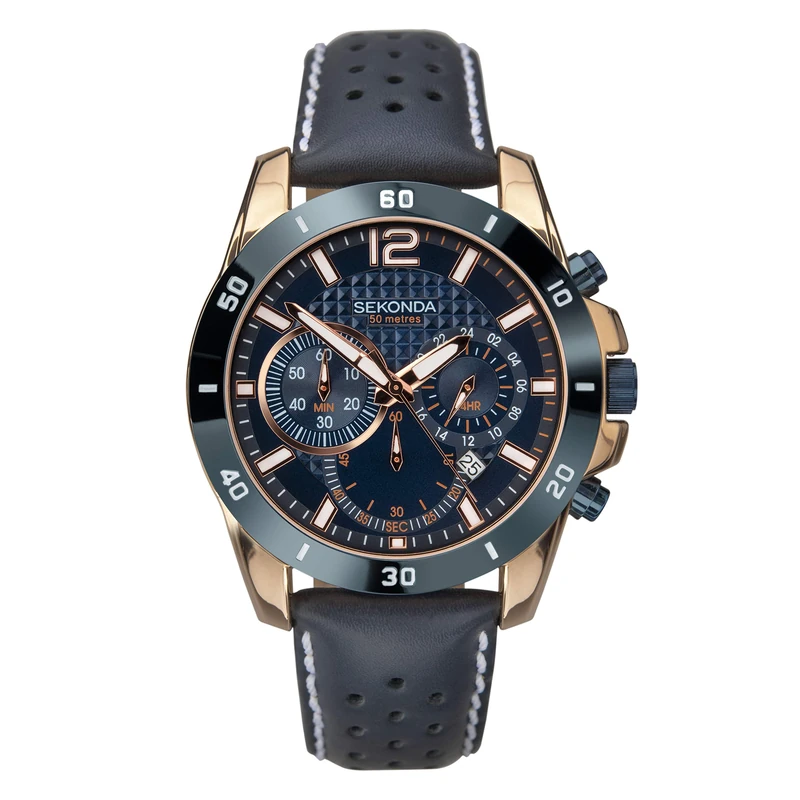 Sekonda Men's Rose Gold 45mm Chronograph Quartz Watch with Blue Textured Dial and Date Display Genuine Leather Strap 50m Water Resistant 2 Year Warranty