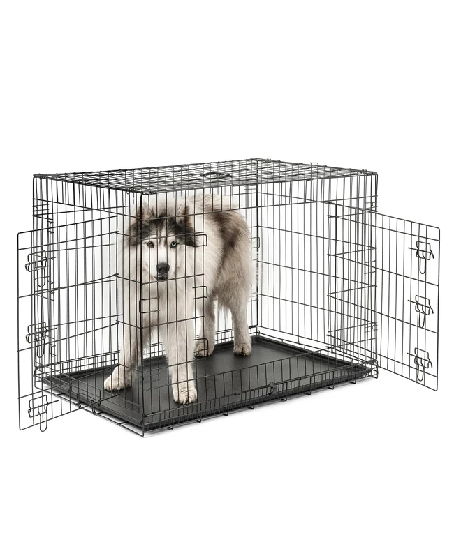 lionto Pet transport box for dogs and cats, multifunctional transport cage with hygienic plastic tray, 106x71x77 cm, metal dog box with sturdy safety catches & partition wall, black