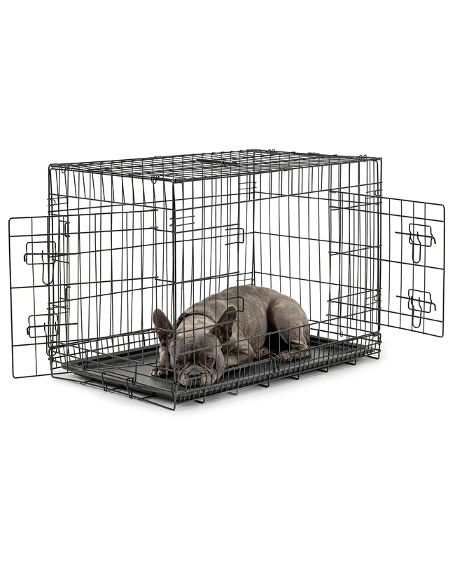 lionto Pet transport box for dogs and cats, multifunctional transport cage with hygienic plastic tray, 76x49x56 cm, metal dog box with sturdy safety catches & partition wall, black