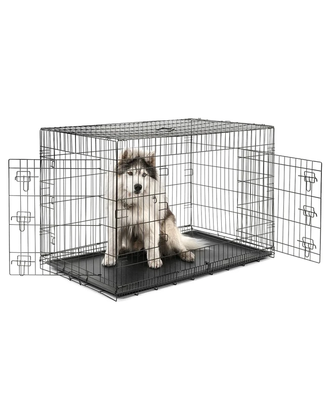lionto Pet transport box for dogs and cats, multifunctional transport cage with hygienic plastic tray, 122x75x81 cm, metal dog box with sturdy safety catches & partition wall, black