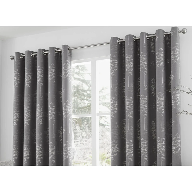 Curtina Elmwood Floral Print Eyelet Lined Curtains, Graphite, 90 x 72 Inch