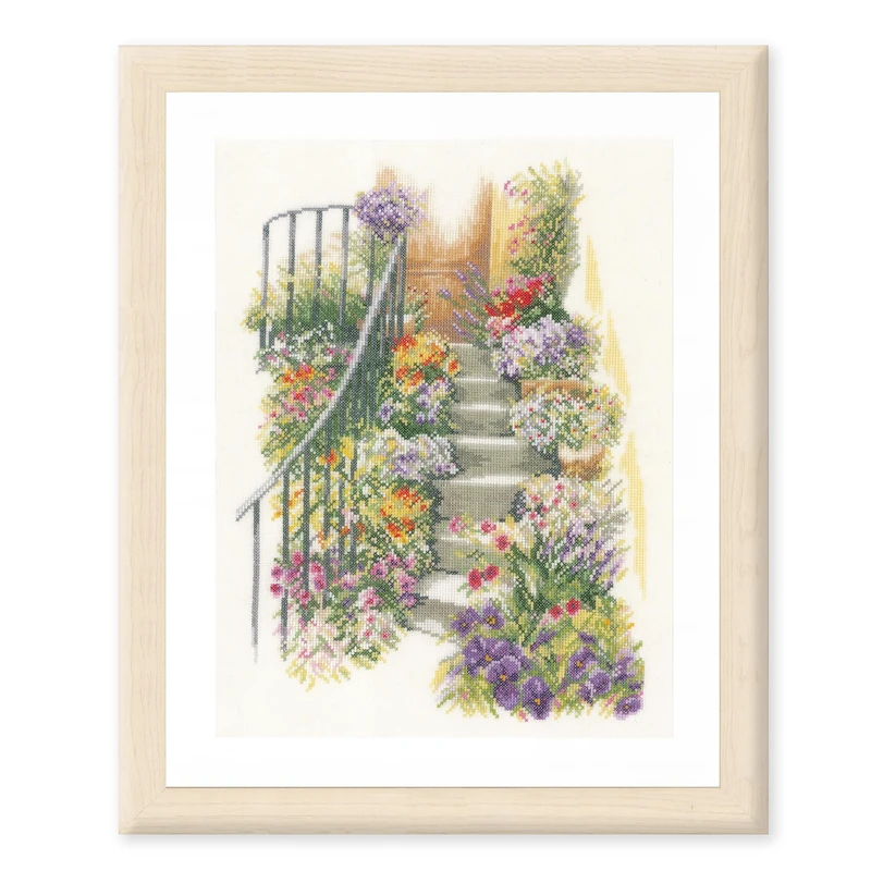 Lanarte PN-0169680 Counted Cross Stitch Kit Flower Stairs (Linen), Fabric, Assorted, 32 x 22.5 x 2 cm - Image 1