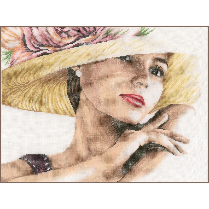 Lanarte Counted Cross Stitch Kit Lady with Hat (Linen), Fabric, Assorted, 32 x 22.5 x 2 cm - Image 1