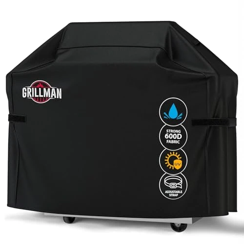 Grillman Heavy Duty BBQ Cover - 147 x 61 x 122 cm Waterproof Barbecue Cover for Outdoor Grill - Fits Weber, Char Broil, Outback - Windproof, Rip-Proof, UV Resistant - Black