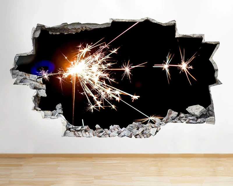 G153 Sparks Sparkler Flames Cool Smashed Wall Decal 3D Art Stickers Vinyl RoomKids Bedroom Baby Nursery Cool Livingroom Hall Boys Girls