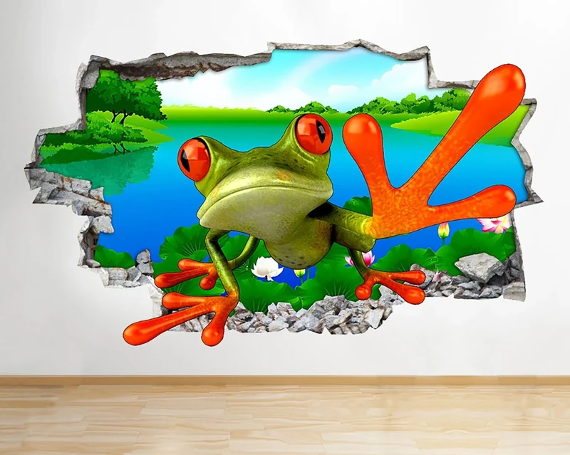 G447 Cartoon Frog Pond Kid Nursery Smashed Wall Decal 3D Art Stickers Vinyl RoomKids Bedroom Baby Nursery Cool Livingroom Hall Boys Girls