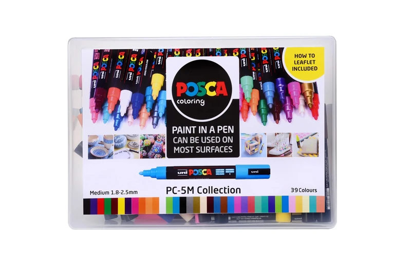Posca Pens PC-5M Medium Acrylic Felt Tip Coloured Permanent Paint Markers for Adults and Kids. Perfect for Colouring, Fabric, Graffiti, Watercolour, Outline Drawing, Window and Glass Art. Set of 39