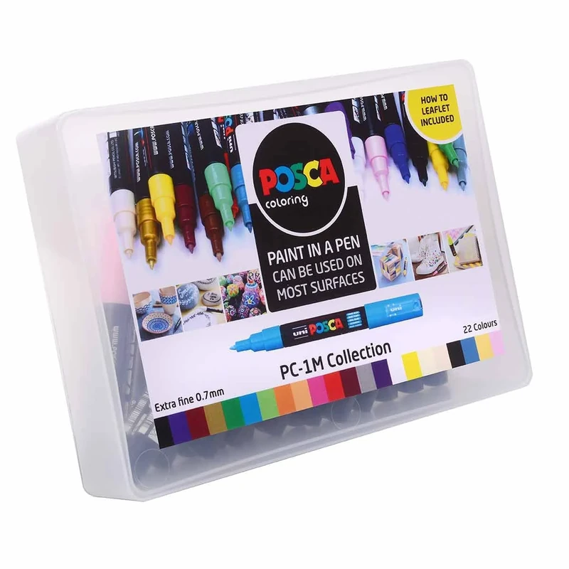 POSCA PC-1M Permanent Marker Paint Pens. Extra Fine Tip for Art & Crafts. Multi Surface Use On Wood Metal Paper Canvas Cardboard Glass Fabric Ceramic Rock Pebble Stone Porcelain. Set of 22 Colours