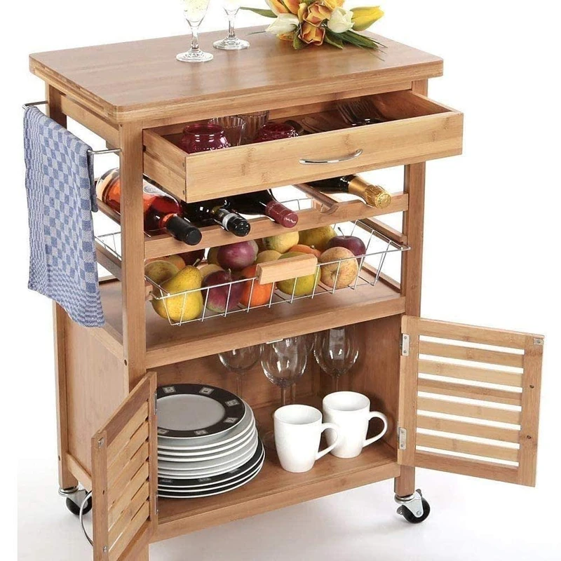 BAKAJI Cart Wood Kitchen BAMBU with Bottle Holder Drawer Cutlery Basket Steel Fruit Basket