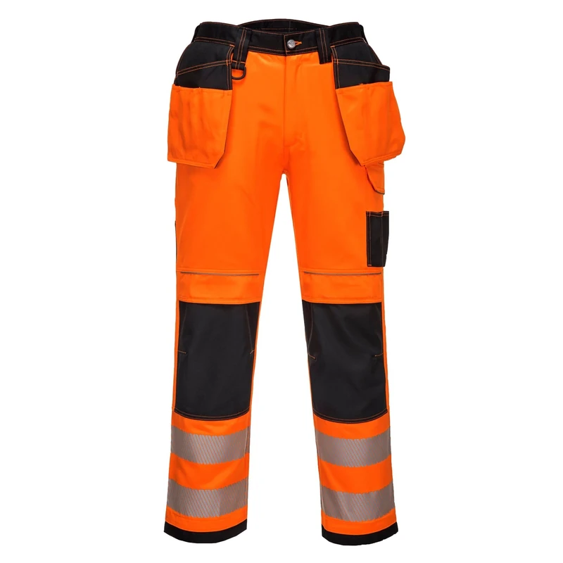 Portwest T501 Mens PW3 Hi Vis Work Trousers - Holster Pocket Workwear Safety Construction Trousers Orange/Black, 28